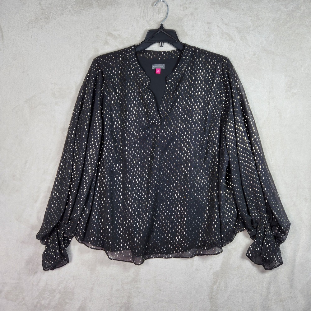 Vince Camuto Twinkle Glow Blouse Women 1X Black Gold Metallic Dot Chiffon Career - Picture 1 of 7